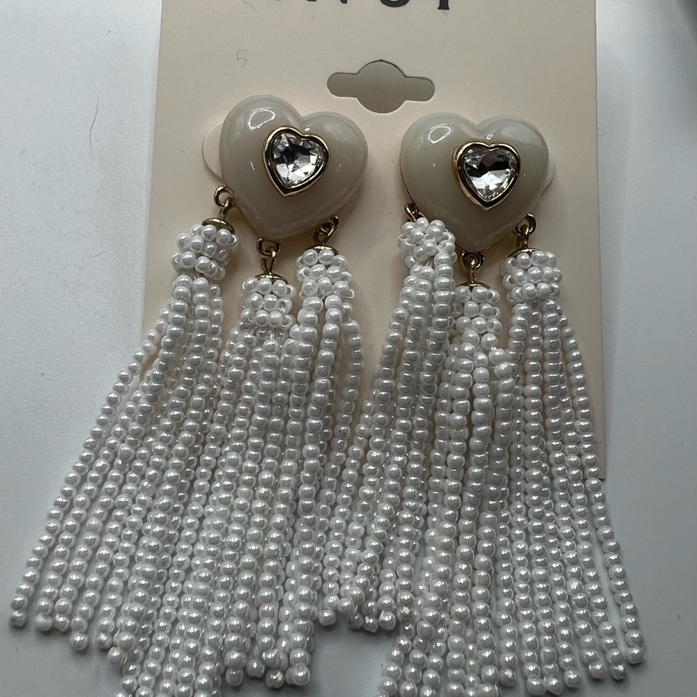 Heart Tassel Earrings with faux Pearl Accents, Crystal center